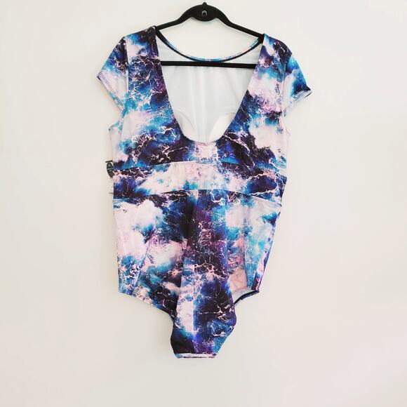 TORRID BATHING SUIT SLIMMING 1X WIRELESS TUMMY CONTROL ONE PIECE SWIMSUIT BLUE - Picture 4 of 10